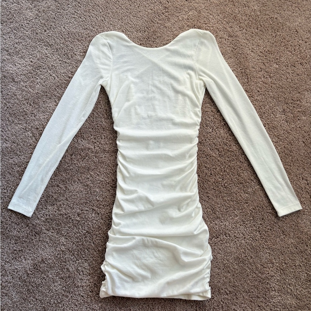 White Ribbed Long Sleeve Dress